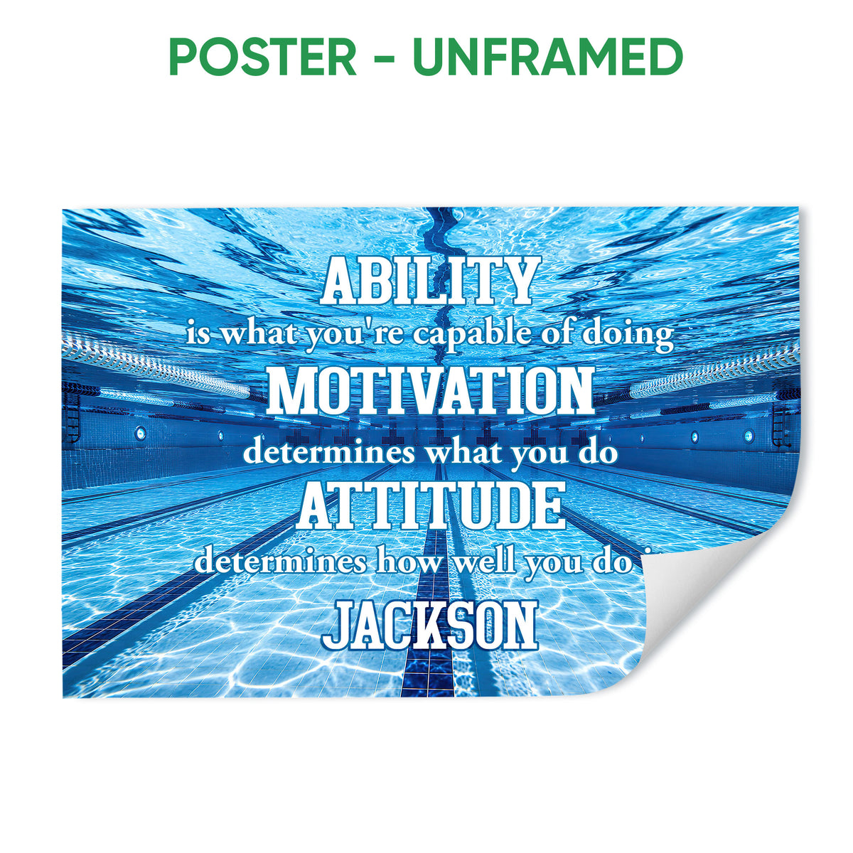 Unframed swimming poster featuring a blue indoor pool and motivational wall art design