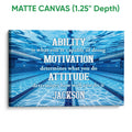 Matte canvas swimming wall art showing a vivid blue pool scene with gallery-style edges