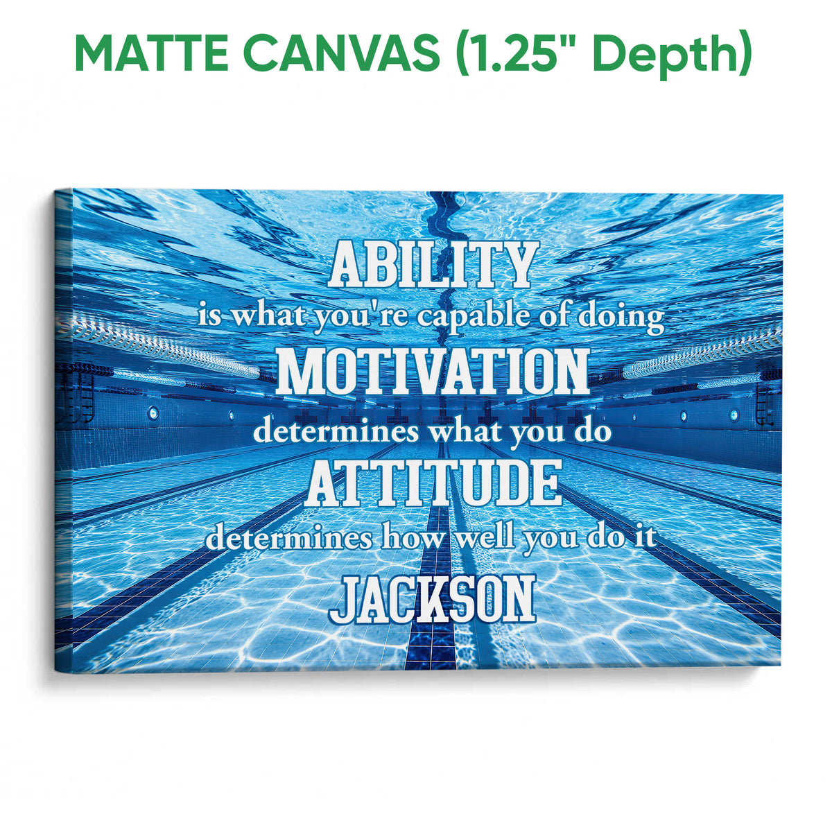 Matte canvas swimming wall art showing a vivid blue pool scene with gallery-style edges