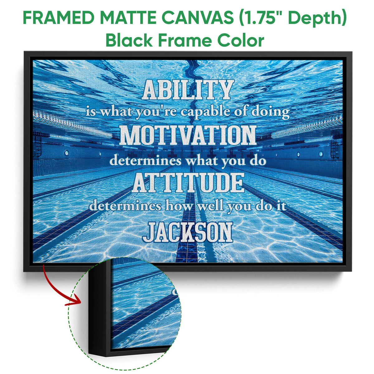Framed swimming canvas wall art shown with a black frame and detailed pool imagery