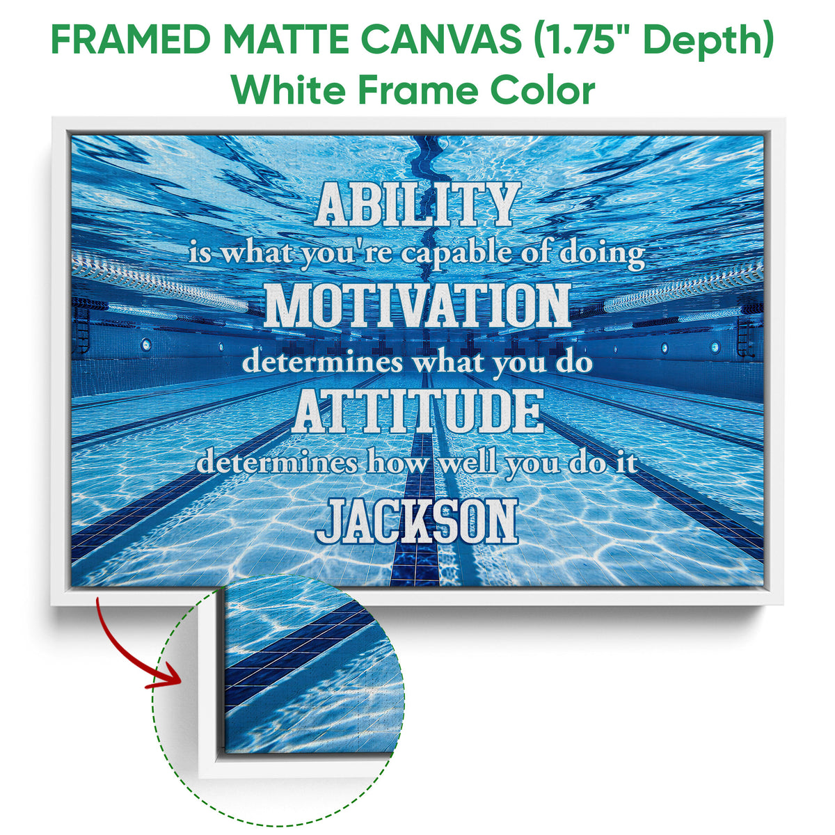 Framed swimming canvas wall art shown with a white frame in a bright blue pool design