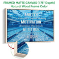 Framed swimming canvas wall art shown with a natural wood frame and pool scene
