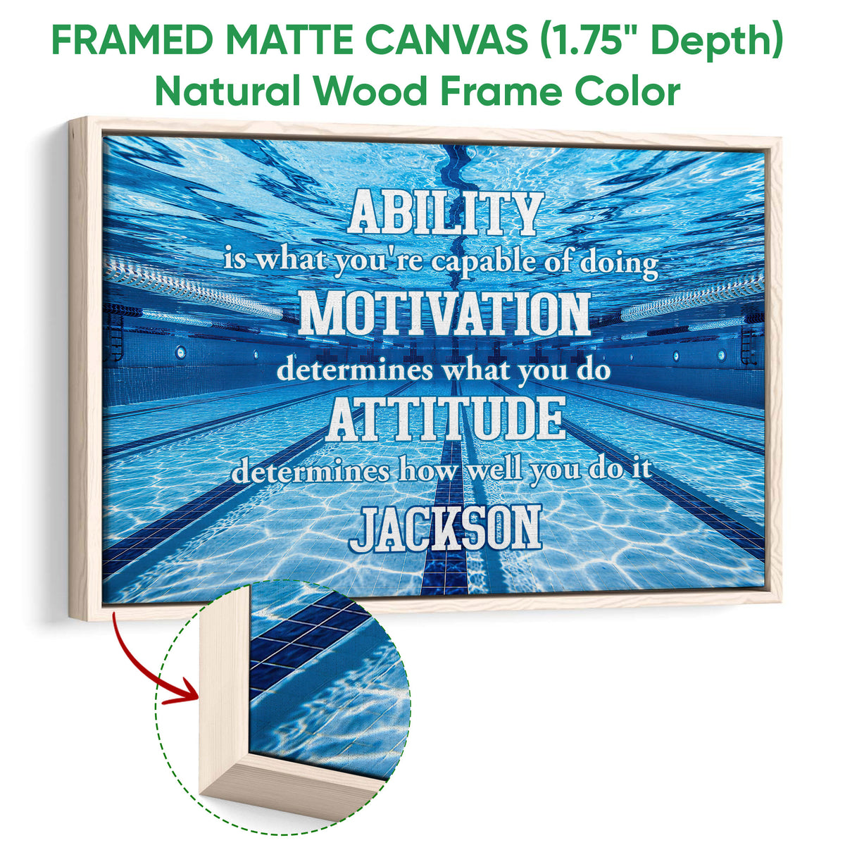 Framed swimming canvas wall art shown with a natural wood frame and pool scene