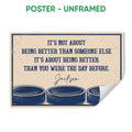 Unframed hockey poster with three illustrated navy pucks and a distressed cream and blue design