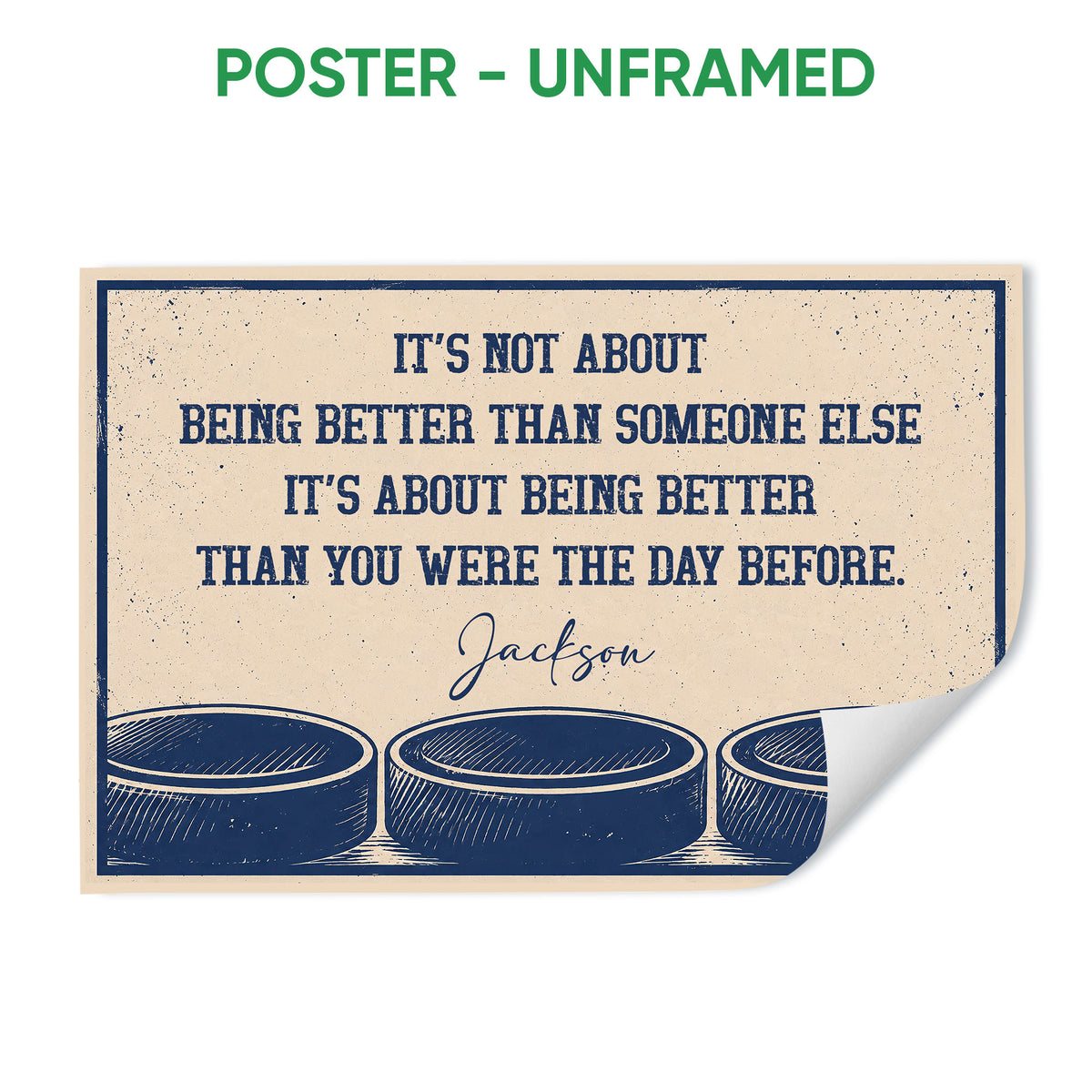 Unframed hockey poster with three illustrated navy pucks and a distressed cream and blue design