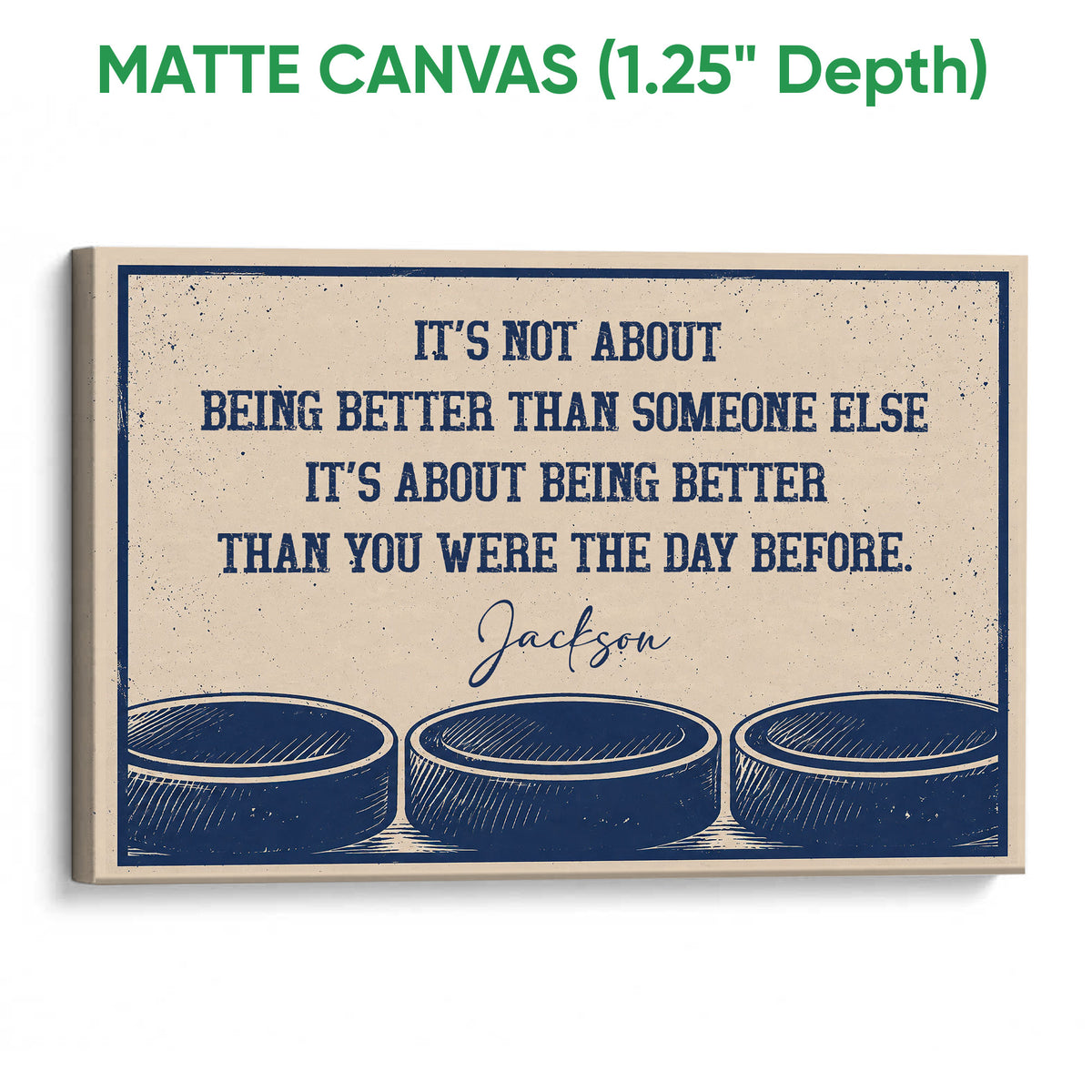 Matte canvas hockey wall art featuring illustrated pucks and bold navy motivational lettering