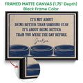 Framed hockey canvas wall art shown with a black frame and close-up of the wrapped canvas edge