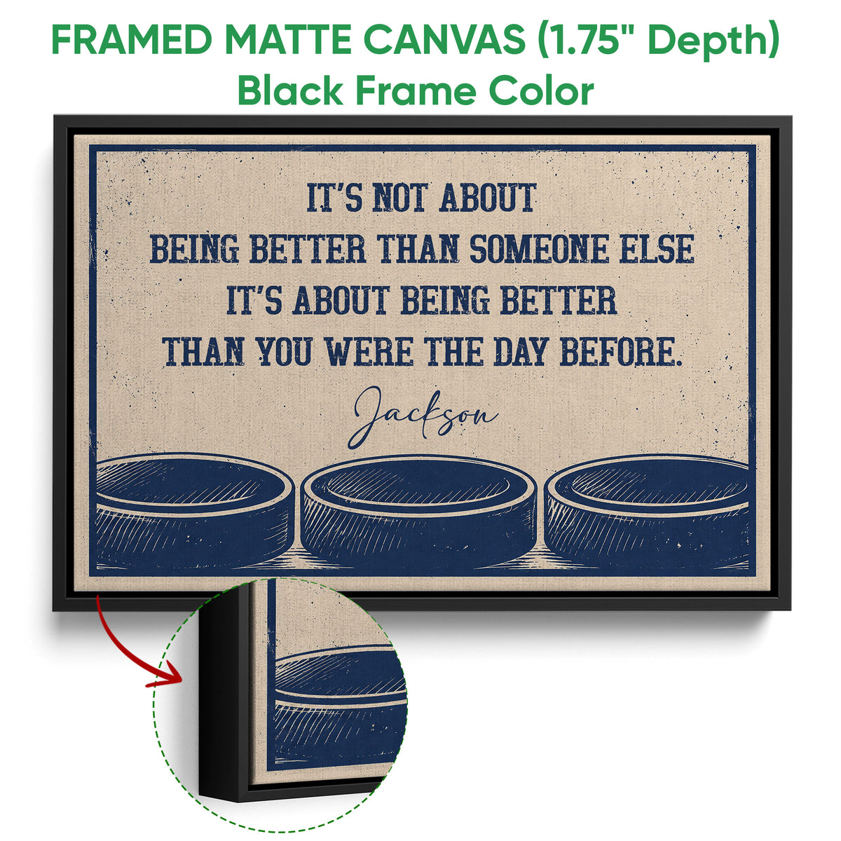 Framed hockey canvas wall art shown with a black frame and close-up of the wrapped canvas edge