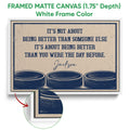 Framed hockey canvas wall art shown with a white frame and close-up of the canvas edge