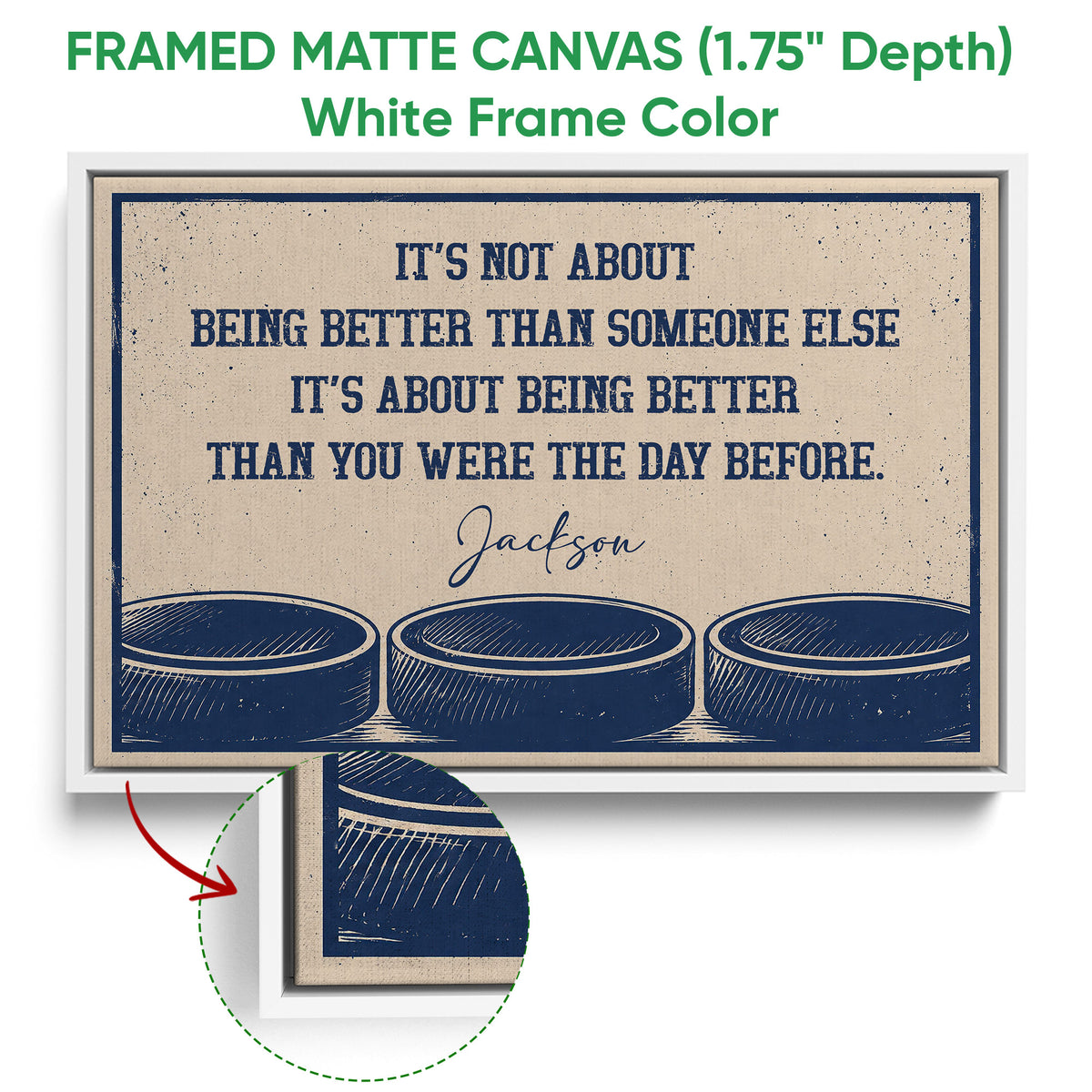 Framed hockey canvas wall art shown with a white frame and close-up of the canvas edge