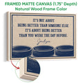 Framed hockey canvas wall art shown with a natural wood frame and detailed edge view