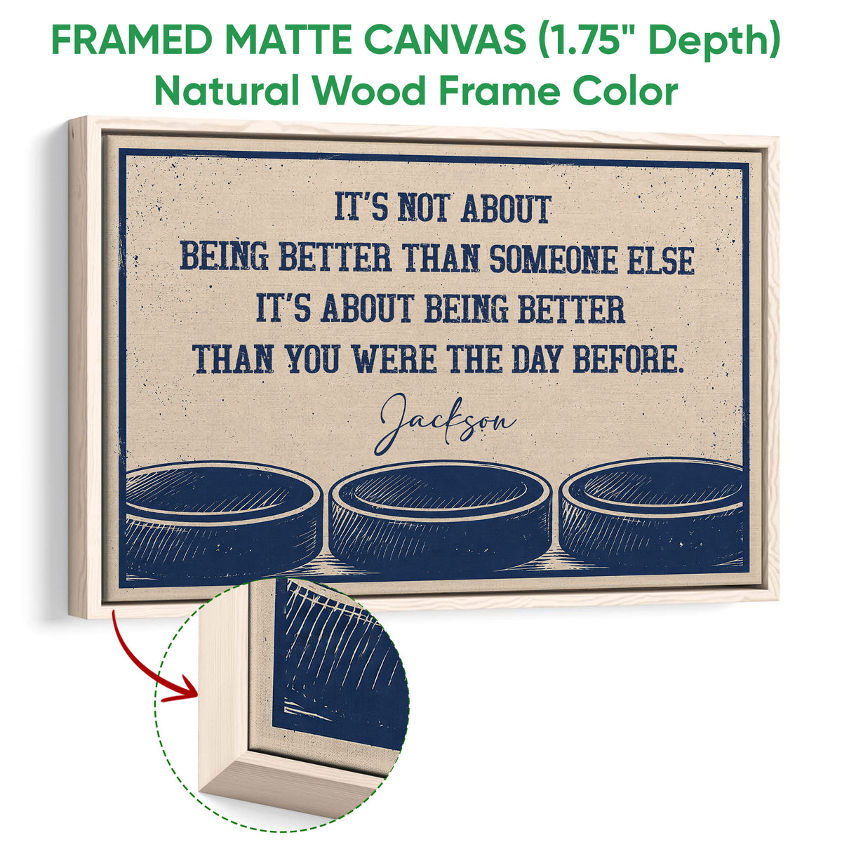 Framed hockey canvas wall art shown with a natural wood frame and detailed edge view