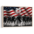 Framed hockey wall art featuring players on ice against a distressed American flag background