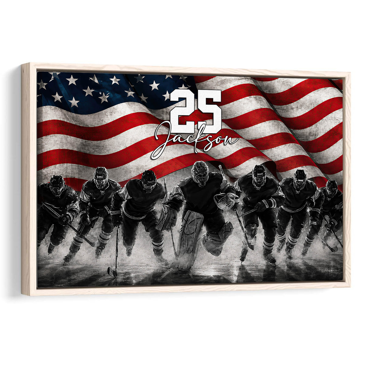 Framed hockey wall art featuring players on ice against a distressed American flag background