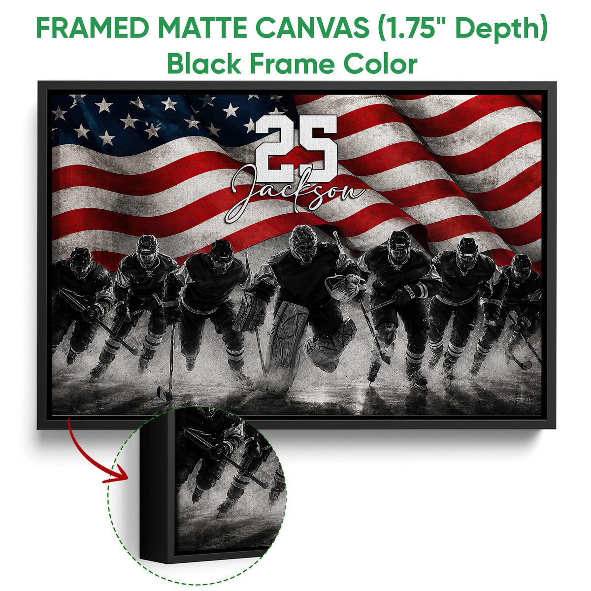 Framed hockey canvas wall art shown with a black frame and close-up edge detail