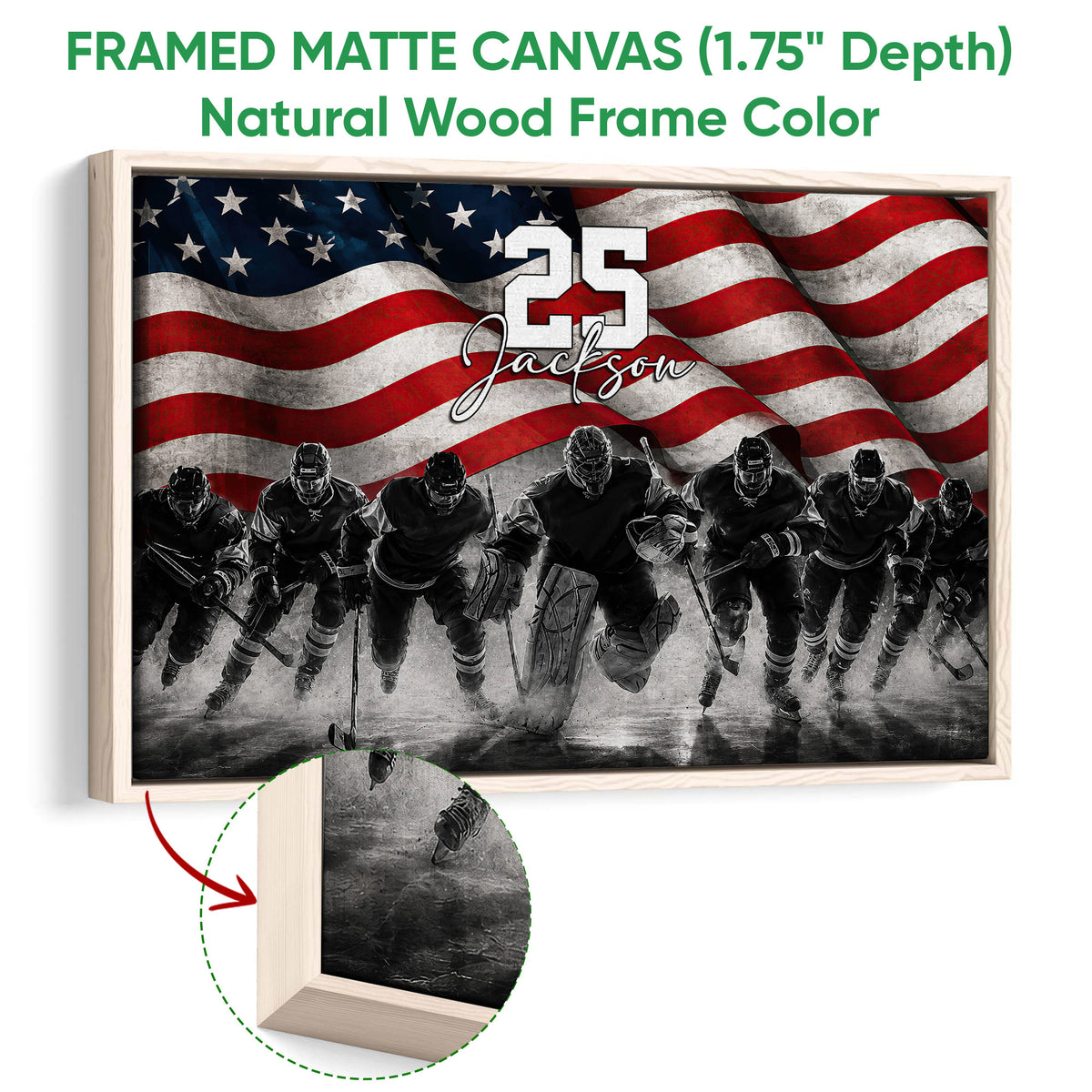 Framed hockey canvas wall art shown with a natural wood frame and close-up edge detail