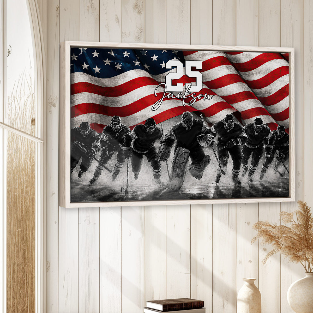 Hockey framed wall art displayed on a light wood-paneled wall in a home decor setting