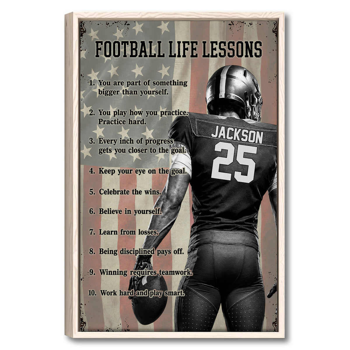 Framed football wall art featuring a helmeted player, football, stars, and motivational lessons