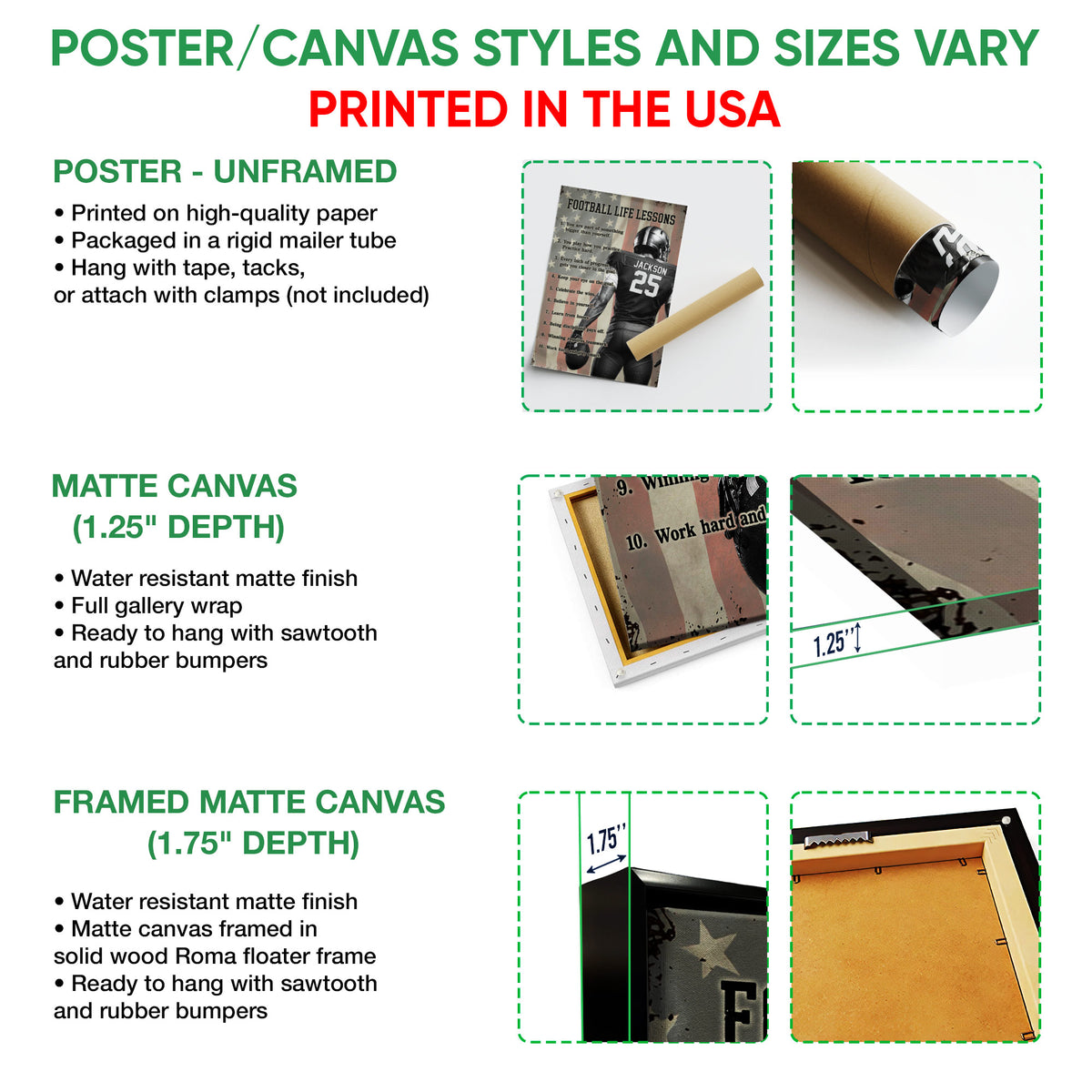 Football wall art format guide showing unframed poster, matte canvas, and framed canvas options