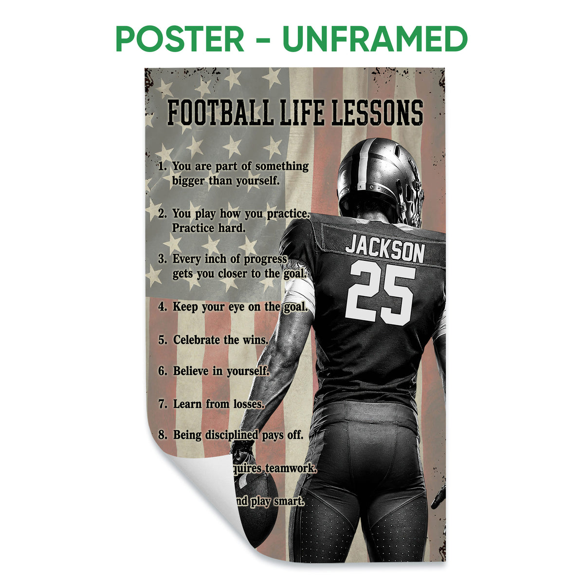 Unframed football poster featuring a helmeted player, football, stars, and motivational sports lessons