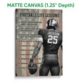 Matte canvas football wall art featuring a player, football, patriotic stars, and motivational text