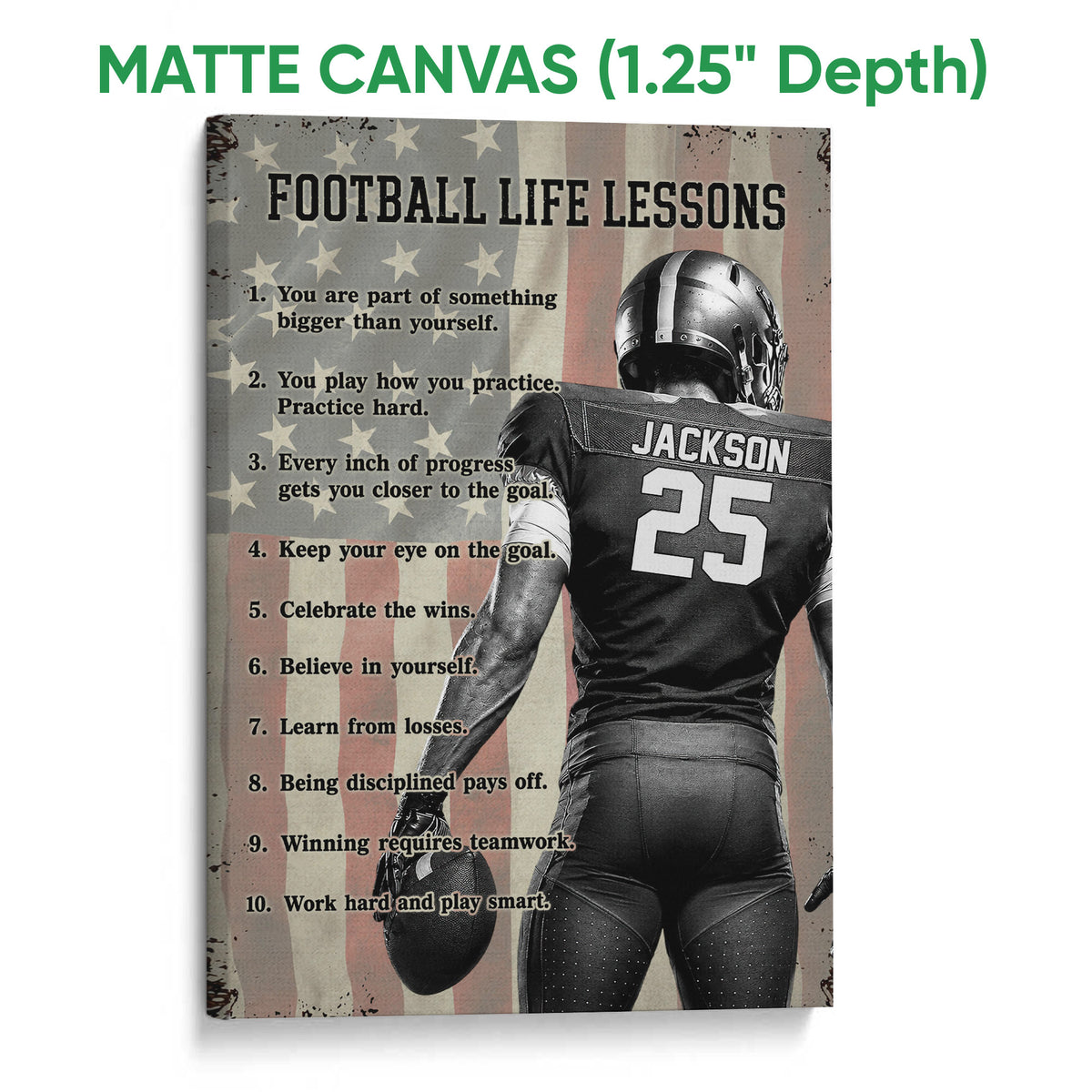 Matte canvas football wall art featuring a player, football, patriotic stars, and motivational text