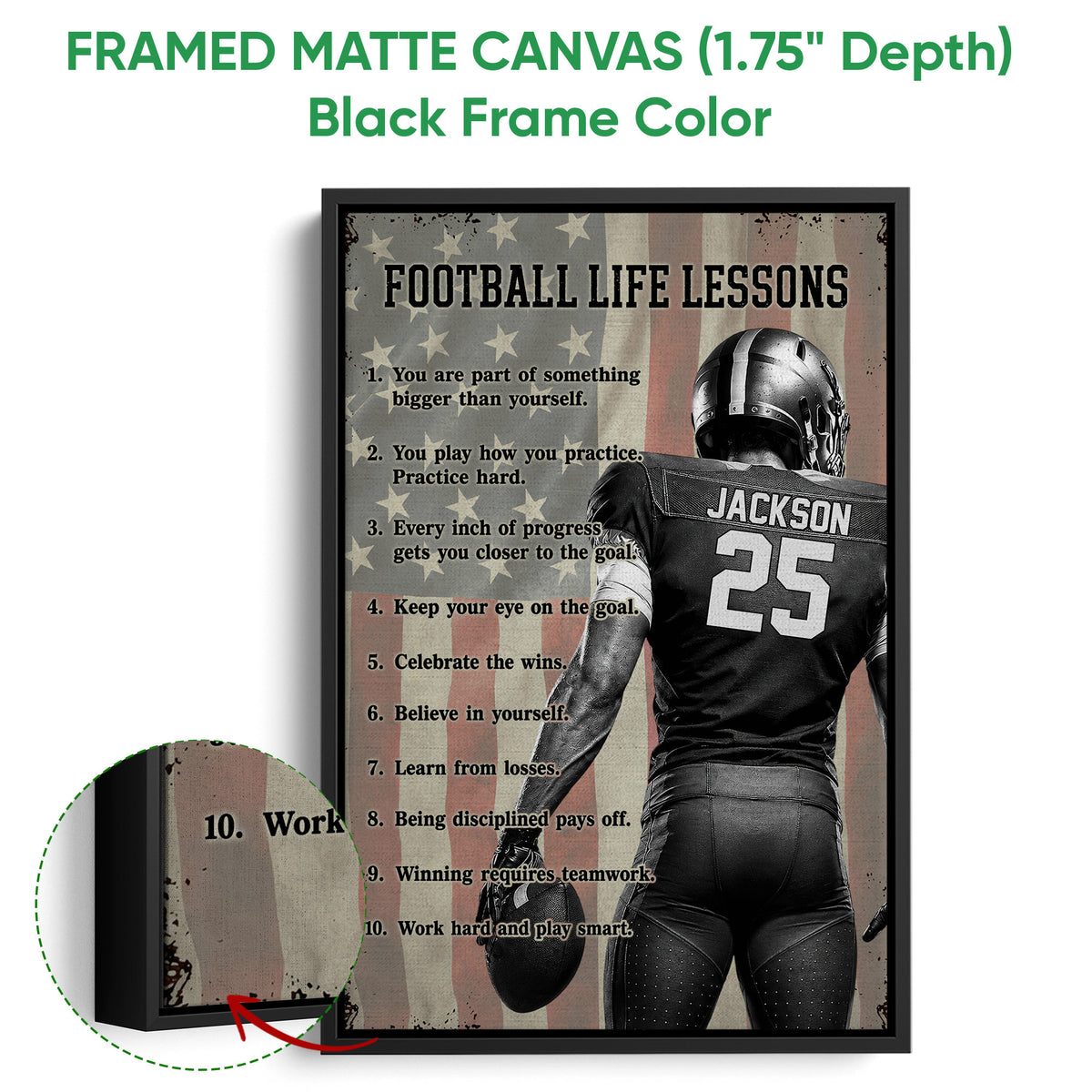 Black framed canvas football wall art with a helmeted player and motivational sports message