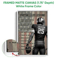 White framed canvas football wall art featuring a player, football, stars, and motivational lessons