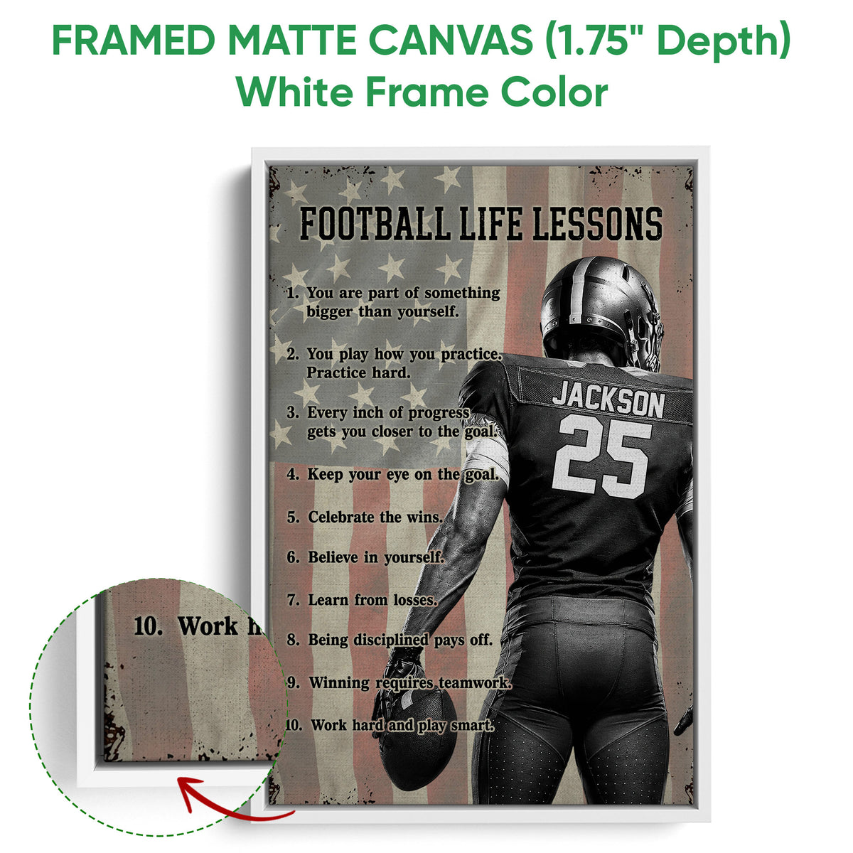 White framed canvas football wall art featuring a player, football, stars, and motivational lessons