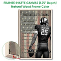Natural wood framed football wall art featuring a helmeted player and inspirational sports message