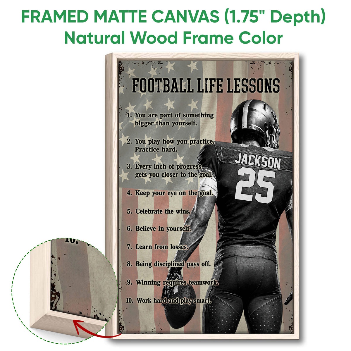 Natural wood framed football wall art featuring a helmeted player and inspirational sports message