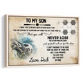 Soccer father to son wall art with cleats, soccer ball, motivational message, vintage background and inspirational family design