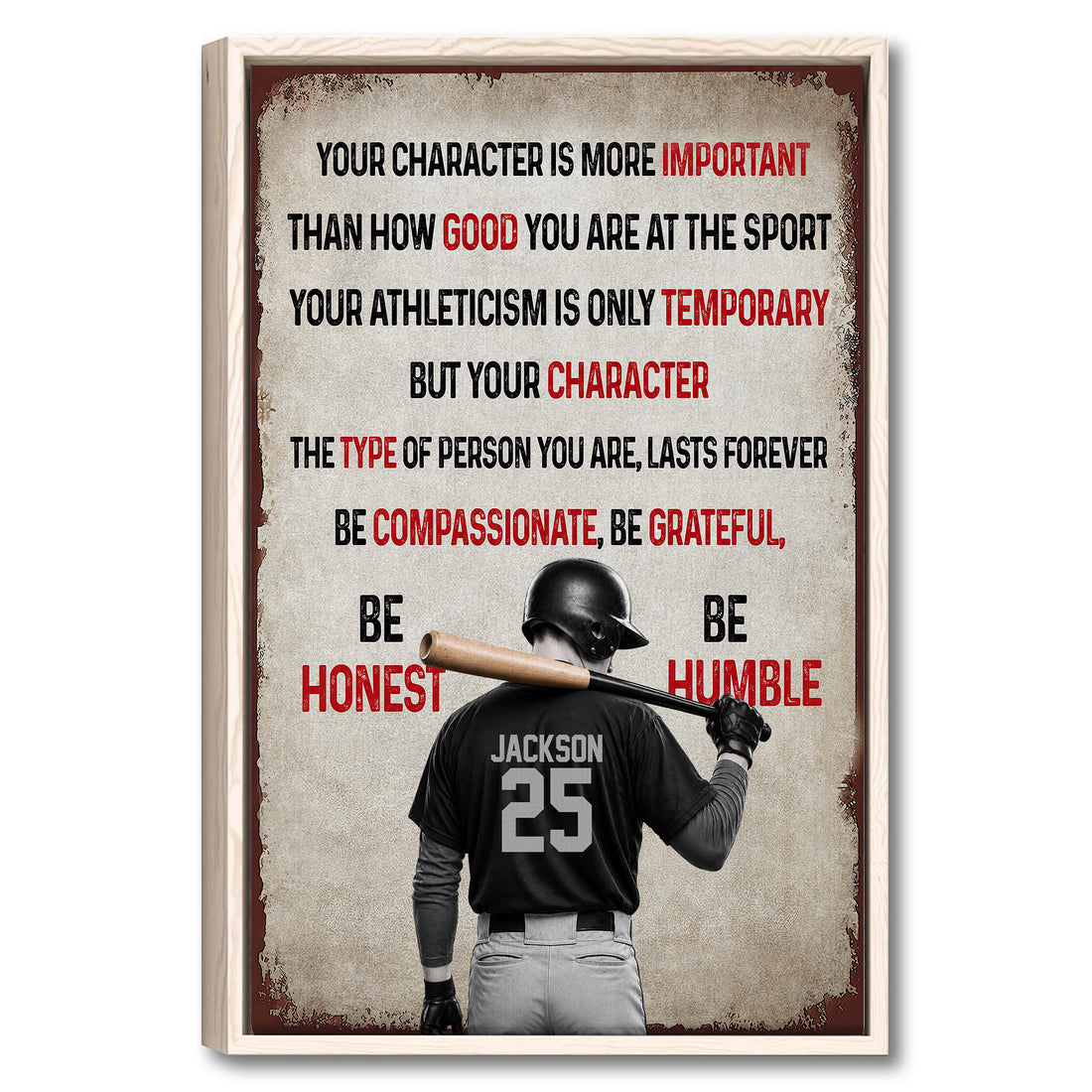 Framed baseball wall art with a motivational character message and batter holding a bat