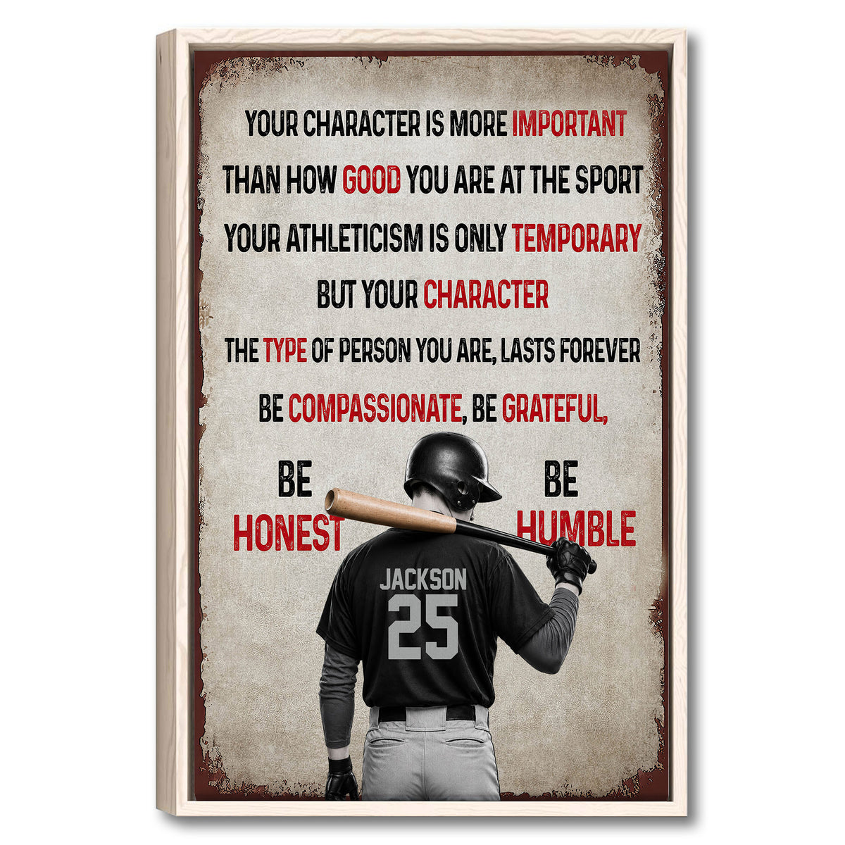 Framed baseball wall art with a motivational character message and batter holding a bat