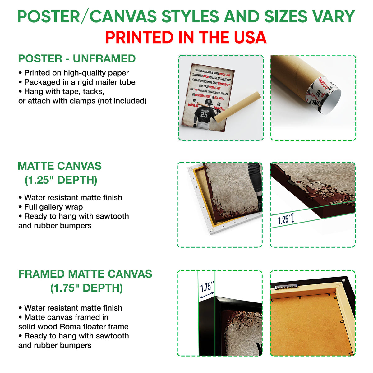Poster or canvas wall art options guide showing unframed poster and canvas formats
