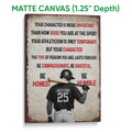 Matte canvas baseball wall art featuring a batter and character-focused motivational message