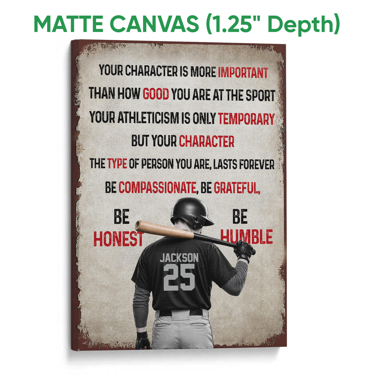 Matte canvas baseball wall art featuring a batter and character-focused motivational message