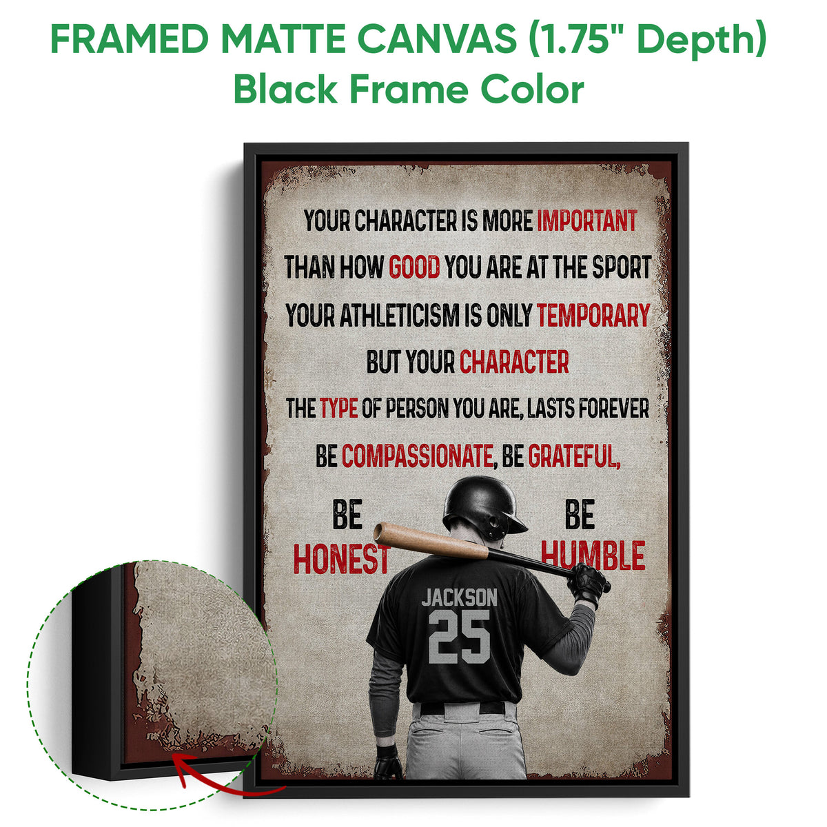 Black framed canvas baseball wall art with a batter and distressed red and black design