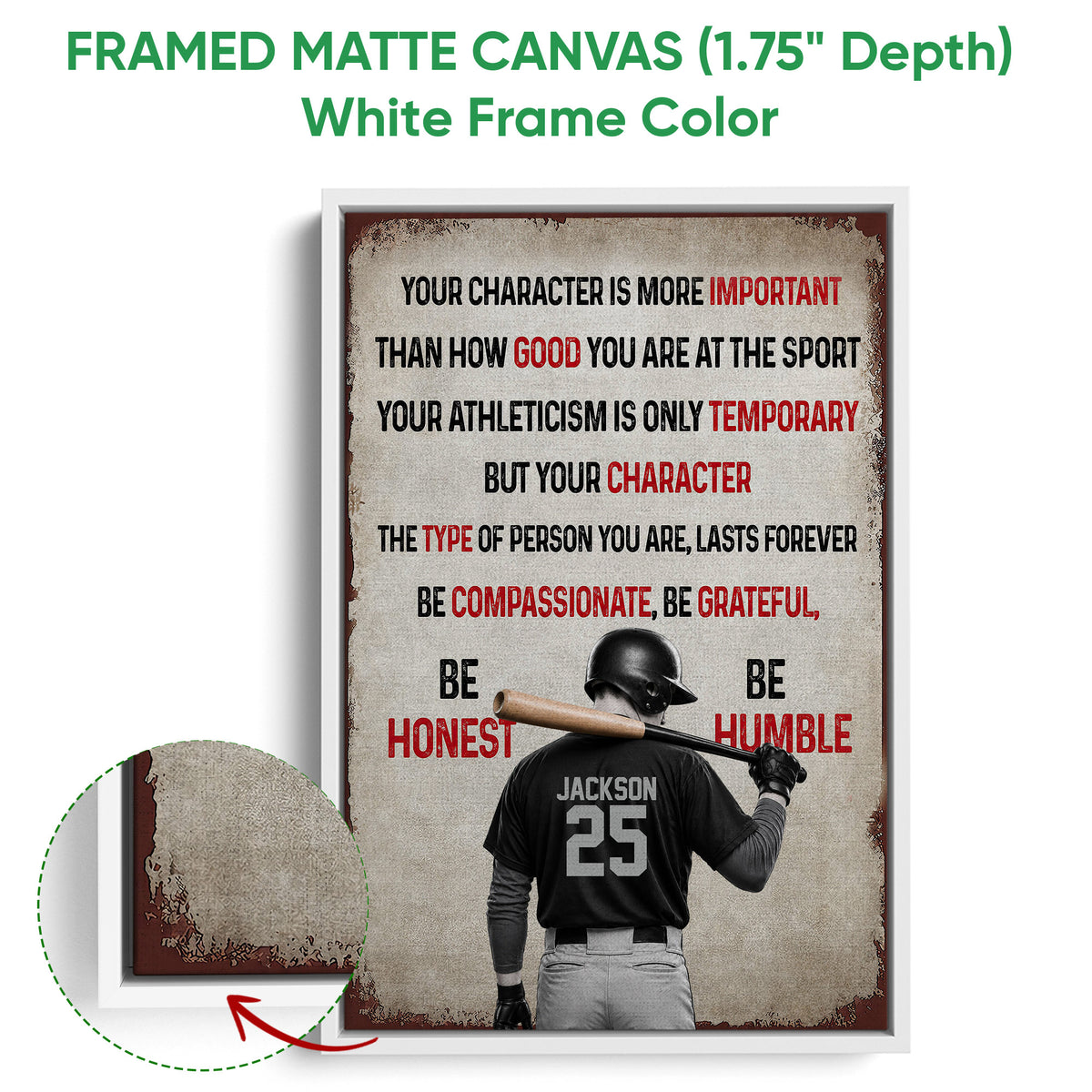 White framed canvas baseball wall art with a motivational message and batter illustration