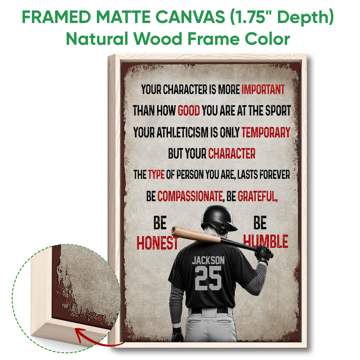 Natural wood framed baseball wall art featuring a batter and vintage-inspired message design