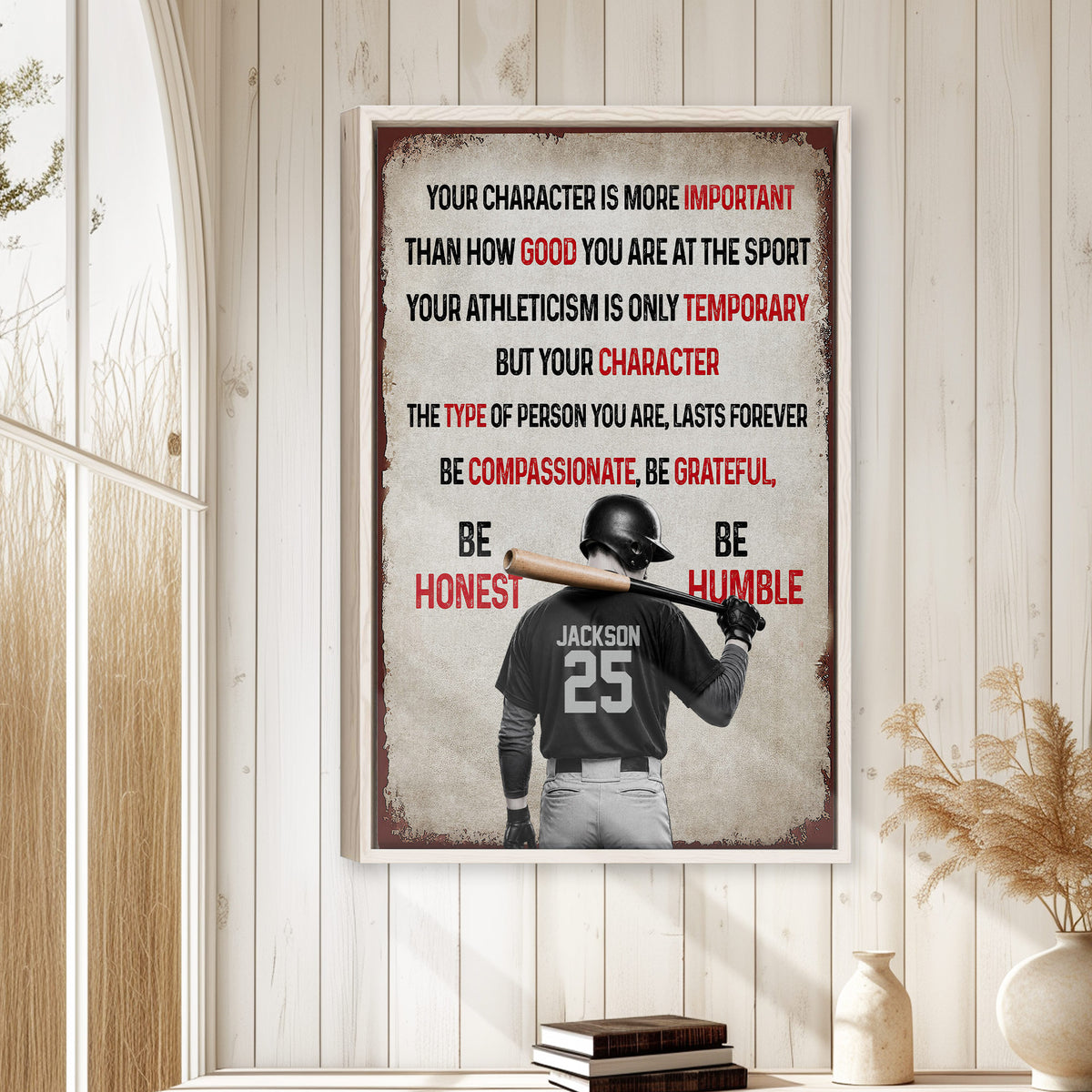 Baseball wall art displayed in a bright home interior with white paneled walls