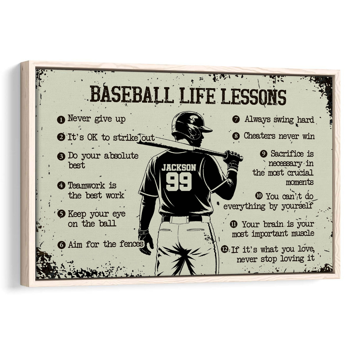 Framed baseball wall art with a batter silhouette and vintage-style motivational lessons