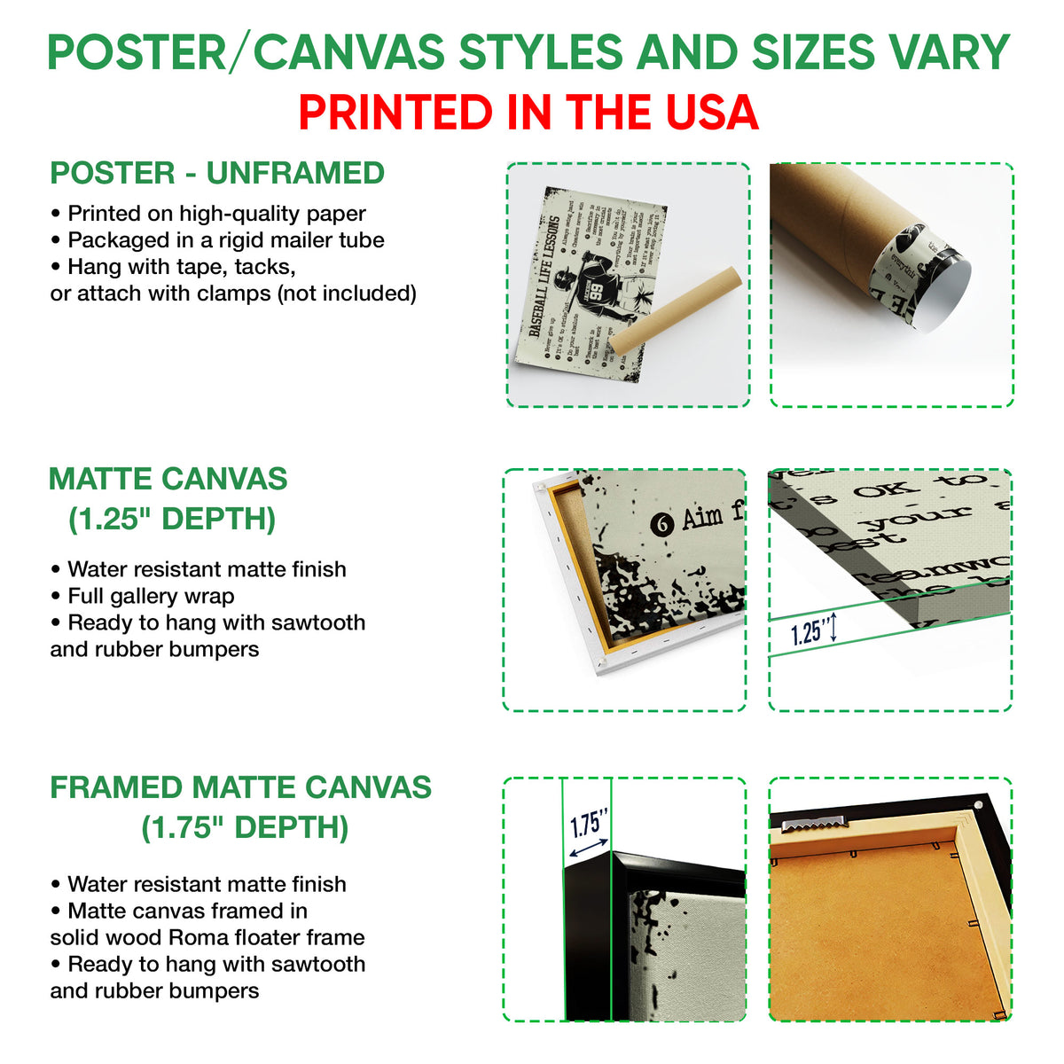 Poster and canvas wall art format guide showing unframed poster, canvas, and framed canvas options