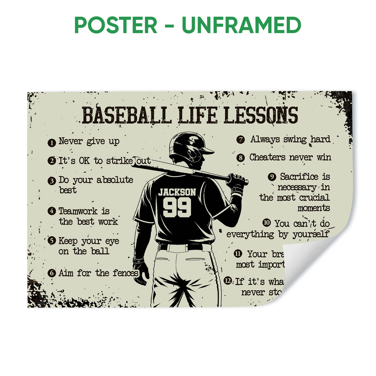 Unframed baseball poster featuring a batter silhouette and motivational baseball lessons