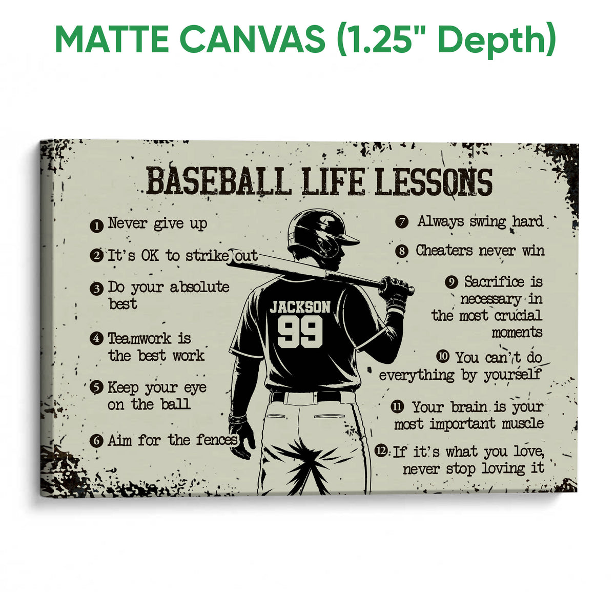 Matte canvas baseball wall art featuring a batter silhouette and distressed vintage-style design