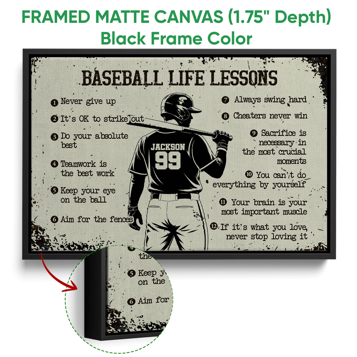 Black framed canvas baseball wall art with detailed texture and motivational baseball artwork