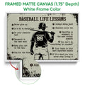 White framed canvas baseball wall art featuring a batter and vintage-style lesson artwork