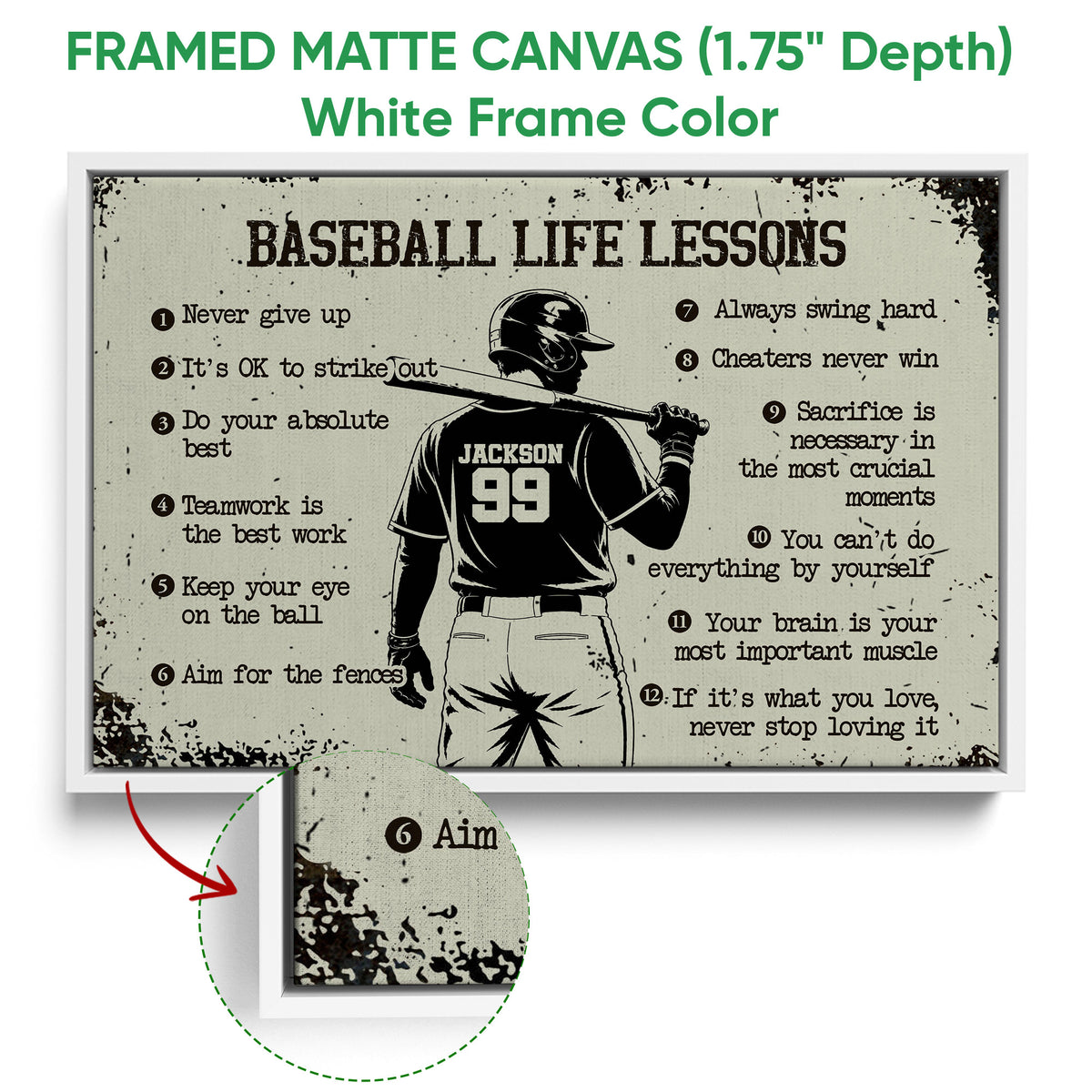 White framed canvas baseball wall art featuring a batter and vintage-style lesson artwork