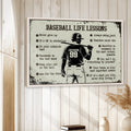 Framed baseball wall art displayed on a light wood-paneled wall in a home interior