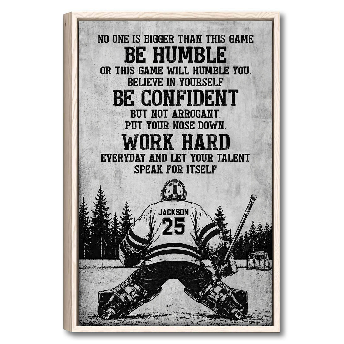 Framed hockey wall art with a motivational message, goalie illustration, hockey stick, and forest background